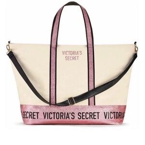 Victoria's Secret Sparkle, & Ivory Weekender Canvas Tote Bag Pink NWT 🔥🔥🔥